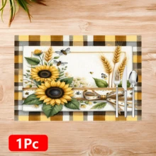 1 pieza/4 piezas/6 piezas Manteles individuales de lino con estampado de girasol, adecuados para mesa de comedor, decoración para todas las estaciones, manteles de mesa lavables modernos, decoración de habitación, posavasos, manteles de cocina y comedor, decoración de fiesta interior y exterior, decoración del hogar, regalo ideal