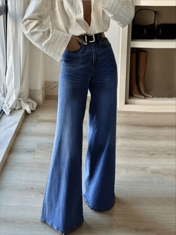 Women's Casual Washed Flare Leg Jeans, Button Detail, Long Stretch Fabric, Elegant Casual Versatile Party Style