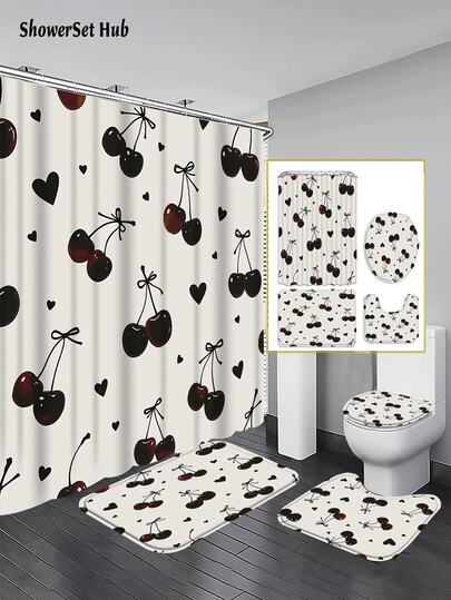 1/3/4件套樱桃爱心图案浴帘浴室套装，水彩风格，优雅防水耐磨，浴室装饰及配件，含12个挂钩 - 包括马桶盖套、浴垫和地毯，涤纶面料 - 可水洗 - 非常适合节日装饰、家居/卧室/住宅/西式/春季装饰