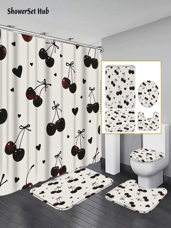 1/3/4 piezas Conjunto de cortina de ducha con diseño de cerezas y corazones, decoración de baño elegante y resistente al agua y al desgaste, incluye funda para asiento de inodoro, alfombras de baño y tapetes de tela de poliéster lavable, perfecto para decoración de vacaciones, hogar/dormitorio/casa/estilo occidental/primavera