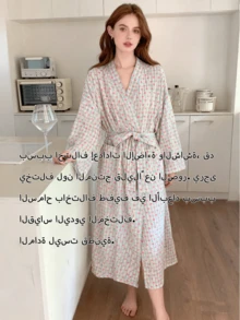 1pc Women's Robe - Minimalist European Style Long Sleeve Sleepwear, Cute Heart Pattern, Lightweight Fabric, Solid Color, Suitable For Spring, Autumn And Summer Home, Bedroom Casual Pajamas - Grid Little Heart - View 5