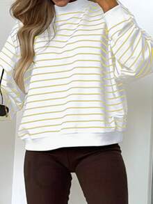 女士休闲黑白条纹长袖卫衣，舒适简约风格，秋季款 - 黃色 - 查看 3