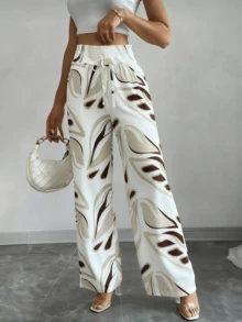 Wide-Leg Palazzo Pants With Pleated Waist, Made Of Fabric With Print, Sizes S M L - 卡其色和紅色 - 查看 1