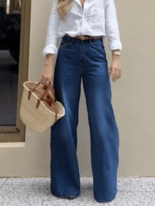 女士休闲水洗喇叭牛仔裤，纽扣细节，长款弹力面料，优雅休闲百搭派对风格，春季 - 深色水洗藍 - 查看 4
