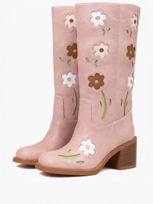 Western Boots For Women Flower Embroidery Mid Calf Boots Square Toe Chunky Block Heel Knee High Boots Low Heel Long Boots For Women Comfortable Casual Cowgirl Western Boots For Women Comfort Country Walking Shoes - Hồng - Xem 4