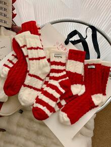 1/2 Paare, warm und bequem im Winter, rote Streifen, super weich und ultra weich, Neujahrs rote Socken, hergestellt aus Acryl- und Nylongewebe, sehr weich und bequem, geeignet für Männer und Frauen. - Rot-Weiß - Übersicht 8