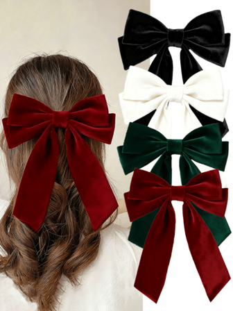 4pcs Velvet Fairy Tale Hair Accessories Bow, Large Winter Satin Sailor Bow, Alligator Hair Clips, Valentine's Day New Year Gift, Suitable For Women And Girls Christmas Gift, Black Bow, White Bow, Green Bow, Red Bow, Hair Accessories, Claw Clips, Hair Pins