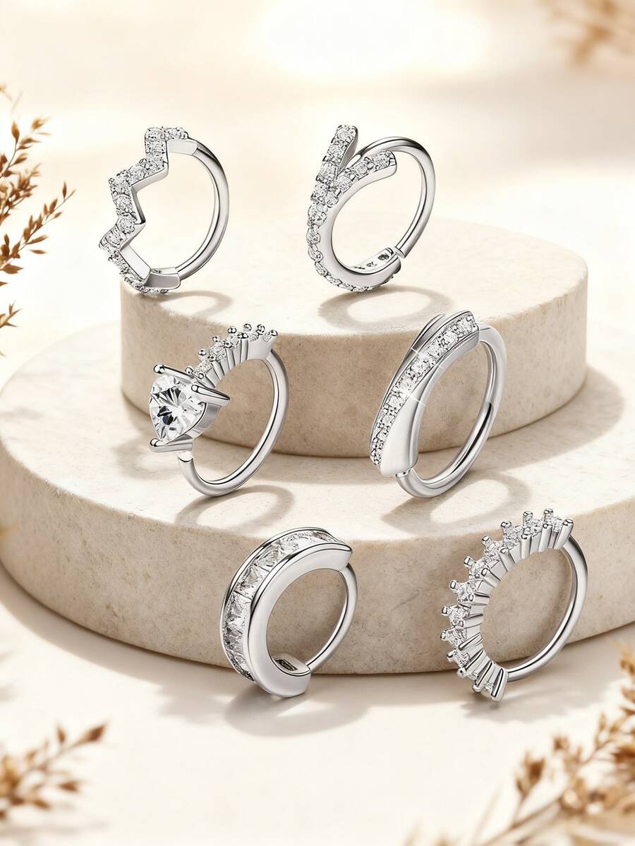 6pcs Women's Fashionable Single Row Wavy Artificial Zirconia Heart Shaped Nose Ring, Suitable For Beach, Party, Holiday Themed Outfits And Personal Style Occasions