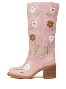 Western Boots For Women Flower Embroidery Mid Calf Boots Square Toe Chunky Block Heel Knee High Boots Low Heel Long Boots For Women Comfortable Casual Cowgirl Western Boots For Women Comfort Country Walking Shoes - Hồng - Xem 8