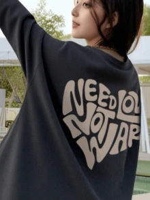 2025秋季新款时尚休闲宽松中长款T恤女字母印花长袖上衣街头韩版 - 深灰 - 查看 1