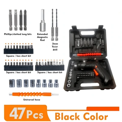 47件套无绳电动螺丝刀套装，90°旋转折叠钻，带可充电锂电池，电池供电手动工具套装，包含多种配件