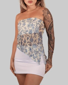 Women's Basic Translucent Tropical Floral Cropped Tube Top With Transparent Tulle, Strapless, Summer Style, Lining, Aitona - BLUE FLORAL - View 1