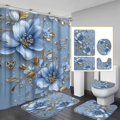 1/3/4 piezas Cortina de ducha con acento de oro, flores azules y diamantes, juego de baño lujoso y elegante, impermeable y duradero, incluye 12 ganchos - Tapa de inodoro, alfombra de baño y alfombra, tela de poliéster - lavable - adecuado para decoración de vacaciones, hogar/dormitorio/residencial/occidental/decoración de primavera