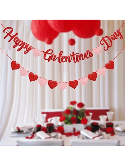 1 Set "Happy Galentine's Day" Banner - 9.8ft/3m Glitter Red "Happy Galentine's Day" Banner And 9.8ft/3m Red & Pink Glitter Heart Banner, Valentine's DIY Decor, Galentine's Day Decoration Sign, Heart Wreath