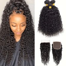 BINF Curly Human Hair Bundles With A Frontal Root, Wet And Wavy, With A Closure. Natural, Untreated Human Hair Extensions For Girls, Perfect For DIY Hairstyles, Suitable For All Ethnicities, An Ideal Gift For Christmas, New Year's Eve, Halloween And Other - Natural Black - View 2