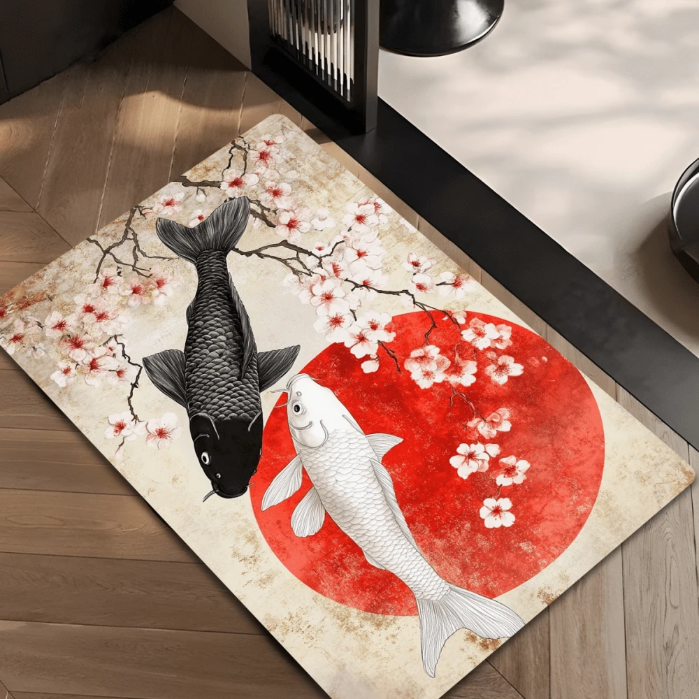 Japanese Style Koi Fish And Cherry Blossom Printed Diatom Mud Floor Mat For Home Entrance Bathroom Kitchen Non Slip Absorbent - trắng - Xem 1