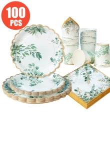 100/25/10pcs Gold Rim Green Leaf Petal Shaped Disposable Plates Napkins Cups, Plant Theme Plates Napkins And Cups Party Supplies, Suitable For 25 Guests, Disposable Paper Plates Party Tableware Suitable For Birthday Wedding Party Family Picnic - Multicolor - View 1