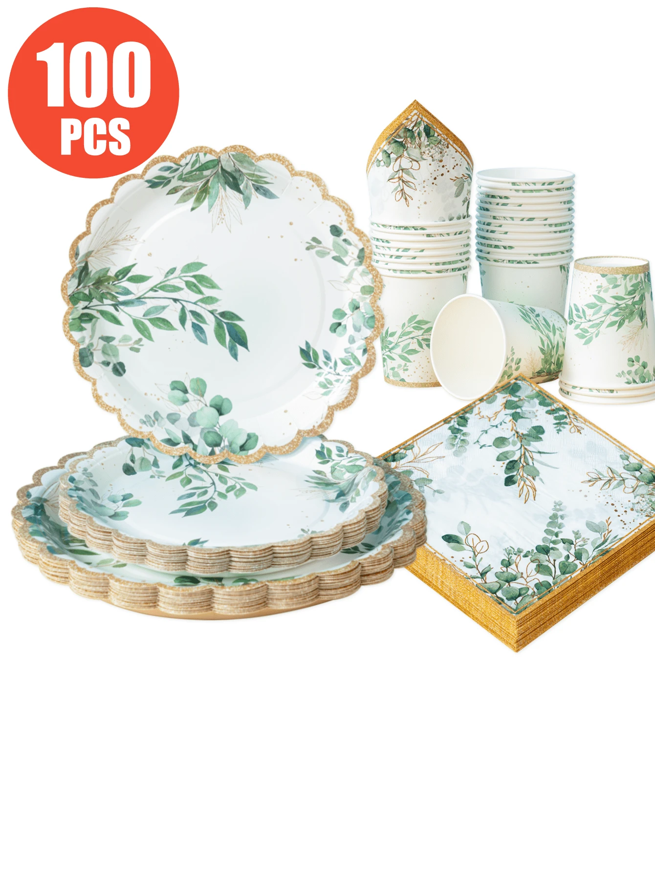 100/25/10pcs Gold Rim Green Leaf Petal Shaped Disposable Plates Napkins Cups, Plant Theme Plates Napkins And Cups Party Supplies, Suitable For 25 Guests, Disposable Paper Plates Party Tableware Suitable For Birthday Wedding Party Family Picnic - Multicolor - View 1