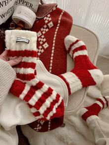 1/2 Paare, warm und bequem im Winter, rote Streifen, super weich und ultra weich, Neujahrs rote Socken, hergestellt aus Acryl- und Nylongewebe, sehr weich und bequem, geeignet für Männer und Frauen. - Rot-Weiß - Übersicht 2