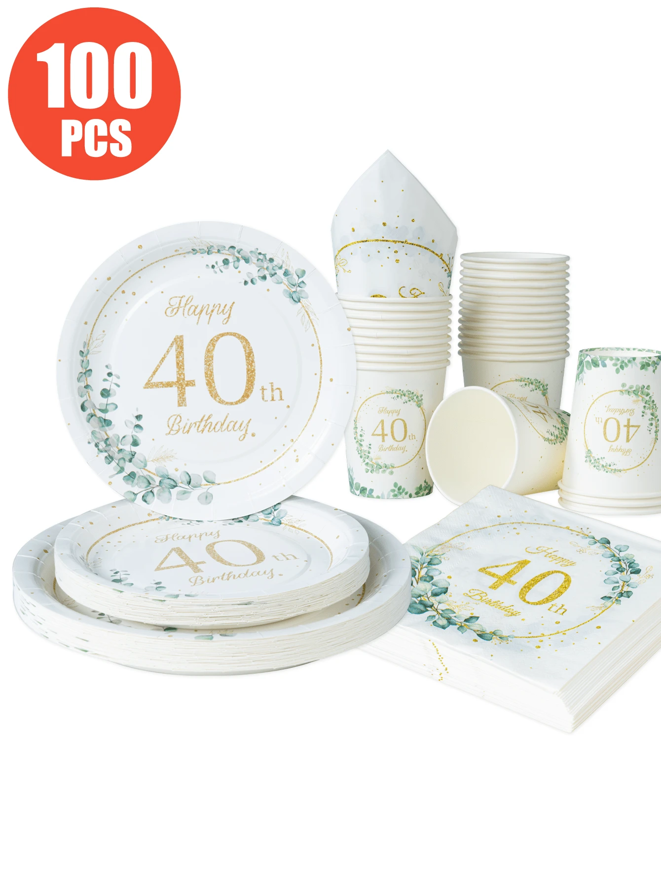 40th Birthday Green Leaf Disposable Plates, Napkins, Cups - Birthday Theme Plates, Napkins And Cups Party Supplies, Fits 25 Guests, Disposable Paper Plates Party Tableware Suitable For Birthday, Wedding, Party, Family Picnic