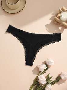 4条装彩色浪漫蕾丝拼接罗纹女士丁字裤，带可爱蝴蝶结，舒适棉质弹力女士内裤 - 彩色 - 查看 10