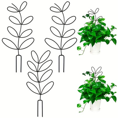 Elegant Black Metal Plant Trellis With Leaf Design - Ideal For Indoor And Outdoor Potted Plants, Vertical Garden Supports And Decorative Stakes, Garden Plant Supports | Decorative Plant Stakes | Durable Metal Trellis, Plant Decor