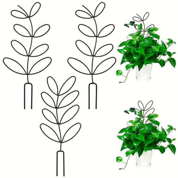 Elegant Black Metal Plant Trellis With Leaf Design - Ideal For Indoor And Outdoor Potted Plants, Vertical Garden Supports And Decorative Stakes, Garden Plant Supports | Decorative Plant Stakes | Durable Metal Trellis, Plant Decor