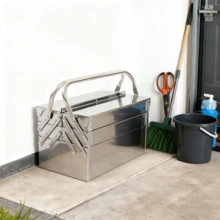 Caja de herramientas plegable de metal, portátil, para mantenimiento automotriz, organizador de almacenamiento, acero inoxidable, 3 niveles, 5 bandejas - Plateado - Ver 10
