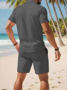 2pcs/Set Plus Size Men's Casual Polo Shirt With Collar & Drawstring Shorts Set, Fashion Exquisite Knight Horse Print Pattern, Suitable For Summer Daily Wear, Comfortable Breathable Sportswear