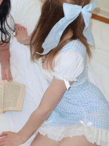 Women's Plaid Gingham Checkered Bodycon Mini Dress With Puff Sleeves Lace Trim Bow Cottagecore For Cosplay Holiday Party - Màu xanh lam - Xem 3