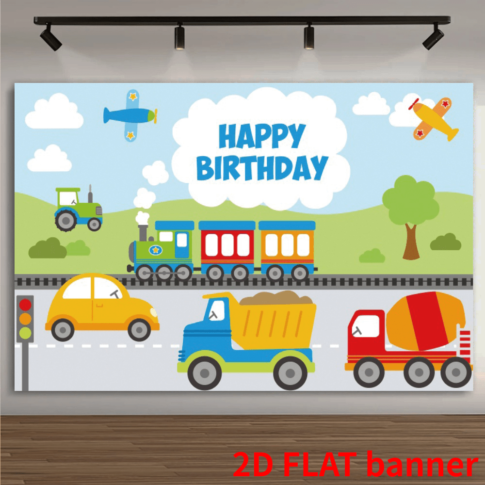 2D Plane, 1 Piece Of "Engineering Vehicle Birthday Background Cloth, With Bulldozers, Dump Trucks And Excavators - Happy Birthday Party Wall Decoration, Theme Activities, No Electricity Required. - Multicolor - View 9