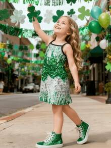 4-7 Years Old Girls' Summer Sleeveless Sequin Print Bodycon Dress, Soft Fabric, Party Style, Casual Everyday Wear, St. Patrick's Green - Green - View 5