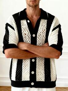 Áo khoác cardigan nam tay ngắn cổ polo cài nút, phối màu tương phản, khoét rỗng. - Đen và trắng - Xem 3