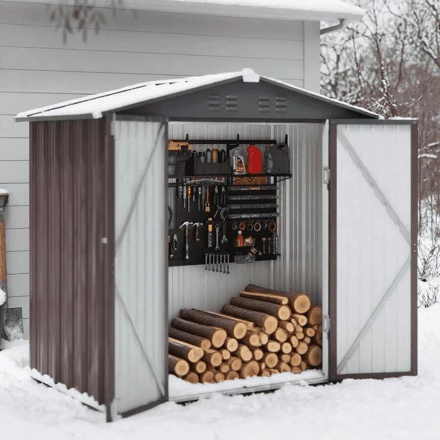 Asofer [2 Packages Shipping]6FT X 4FT & 8FT X 6FT Outdoor Storage Shed, Metal Sheds & Outdoor Storage , Utility And Tool Garden Storage Shed, Galvanized Metal Garden Shed With Double Lockable Doors, Metal Base Frame,  For Backyard, Patio, Garden, Outside, And Lawn,Christmas - 棕色 - 查看 1