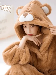 女士棕熊毛绒睡袍，舒适冬季连帽睡衣，熊脸图案，可爱卡通浴袍，柔软毛绒材质，长袖带口袋，休闲家居服，室内装饰，熊图案服装，可作毯子使用，舒适家居服，趣味设计，毛绒材质，成人款睡袍，家居服套装，适合新年，冬季礼物 - 彩色 - 查看 3