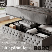Pillow-Shaped Padded Bed, Double Flannel Rivets, Sewn Eyelet, 140*190 Double Bed With Hydraulic Function, Waterproof Non-Woven Fabric Bed Base In Black And Gray - Grey + Velvet + 140cm*190cm - View 2