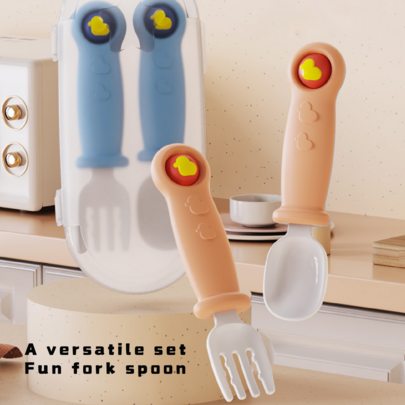 3pcs/Set Fork & Spoon Cutlery Set, Feeding Training Spoon, Self-Feeding Utensil Set, Suitable For Daily Use