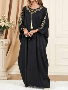 Turkish Long Gown Dress, Elegant Crew Collar Batwing Sleeve Dress, Women's Wear - Black - View 3