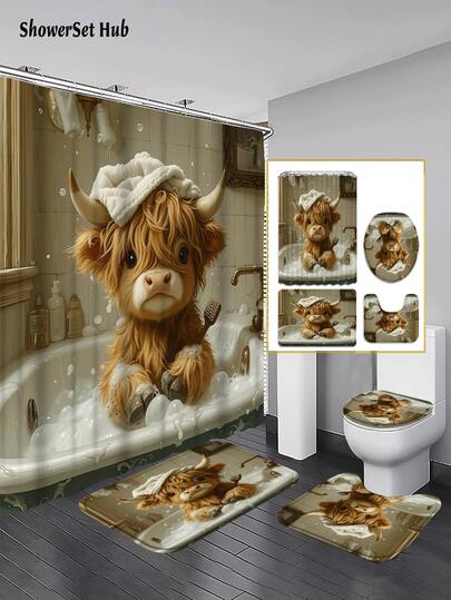1/3/4pcs Cute Highland Cow Shower Curtain Bathroom Set, Funny Farmhouse Waterproof And Wear-Resistant Bathroom Decor And Accessories,With 12 Hooks - Includes Toilet Seat Cover, Bath Mats, And Rugs Polyester Fabric - Washable - Perfect For Holiday Decor,Home/Bedroom/House/Western/Spring Decor