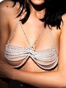 Pearl Body Chain Chest Jewelry Halter Neck Adjustable Body Chain Bra For Women For Beach Party Club - trắng - Xem 7