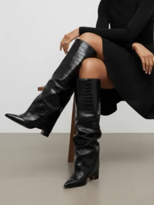 2025 New Knee High Boots For Women With Pointed Thick Heels And Solid Color Patterns Comfortable Fashionable Autumn  Winter Nightclub Party Motorcycle Combat Boots - 黑色石頭紋 - 查看 5