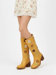 Western Boots For Women Flower Embroidery Mid Calf Boots Square Toe Chunky Block Heel Knee High Boots Low Heel Long Boots For Women Comfortable Casual Cowgirl Western Boots For Women Comfort Country Walking Shoes - 黃色 - 查看 6