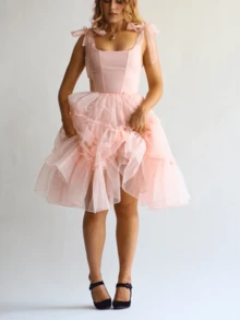 Long Tulle Dress,Spaghetti Strap Semi Formal Dresses For Women,Elegant Birthday Outfit Homecoming Cocktail - 粉色 - 查看 9