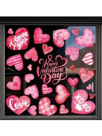 一套 6 张贴纸，包含 43 件欢快的 情人节窗户装饰，包括充满活力的心形和玫瑰图案，以及 XOXO 和“我爱你”贴纸，适用于玻璃表面、冰箱装饰和双面窗贴，非常适合情人节或婚礼装饰，是家居饰品和派对用品的理想之选。