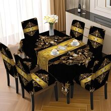5-Piece/7-Piece Chair Cover And Tablecloth Set - Black And Gold Imperial Luxury Series - Baroque Pearl And Diamond Decorated Tablecloth And Chair Cover Set - Retro Luxury Home Textile Set; Rectangular Table And Chair Decoration, Elastic And Comfortable, Detachable For Washing, Suitable For Home And Party Decoration, Event Planning, Holiday Table Setting, Elegant Decoration, Flower Design, Detachable Cover, Comfortable Fit, Rectangular Tablecloth, Party Planner, Event Planner Elastic Tablecloth Set, Suitable For Dining Room, Living Room, Kitchen, Home Decoration. - 彩色 - 查看 5