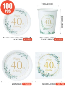 40th Birthday Green Leaf Disposable Plates, Napkins, Cups - Birthday Theme Plates, Napkins And Cups Party Supplies, Fits 25 Guests, Disposable Paper Plates Party Tableware Suitable For Birthday, Wedding, Party, Family Picnic