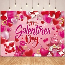 1 pieza Tela de fondo romántica y cálida para el Día de San Valentín, diseñada con gnomos, estampados de labios, cartas de amor, corazones rojos, adecuada para decoración festiva - Decoración del Día de San Valentín, patio, jardín, sala de estar, decoración de aniversario, accesorios de fondo de fotografía - Multicolor - Ver 1