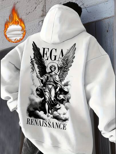 K-GLORY 男士复古休闲文艺复兴天使印花连帽卫衣，秋冬款