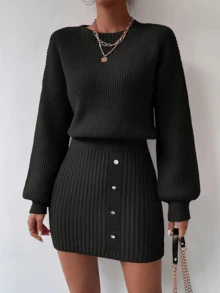 Women's New Round Neck Solid Color Long Sleeve Button Design Knitted Dress - Black - View 4