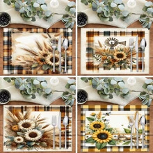 1 pieza/4 piezas/6 piezas Manteles individuales de lino con estampado de girasol, adecuados para mesa de comedor, decoración para todas las estaciones, manteles de mesa lavables modernos, decoración de habitación, posavasos, manteles de cocina y comedor, decoración de fiesta interior y exterior, decoración del hogar, regalo ideal